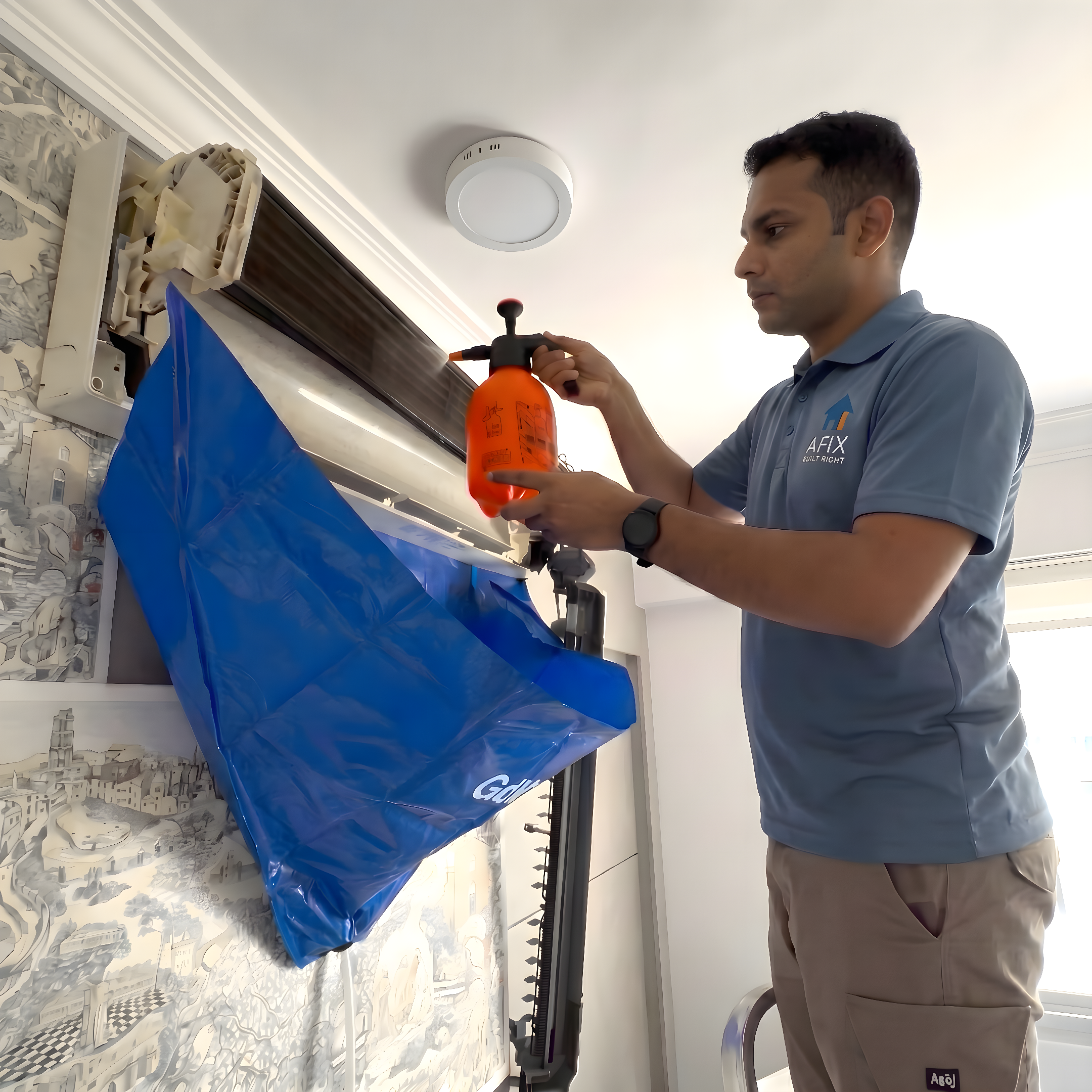 AFIX technician performing aircon chemical wash with water collection bag in Singapore home