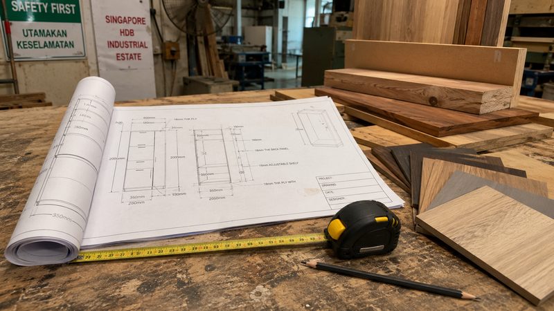 Carpentry workshop bench with blueprint, tape measure, and material swatches