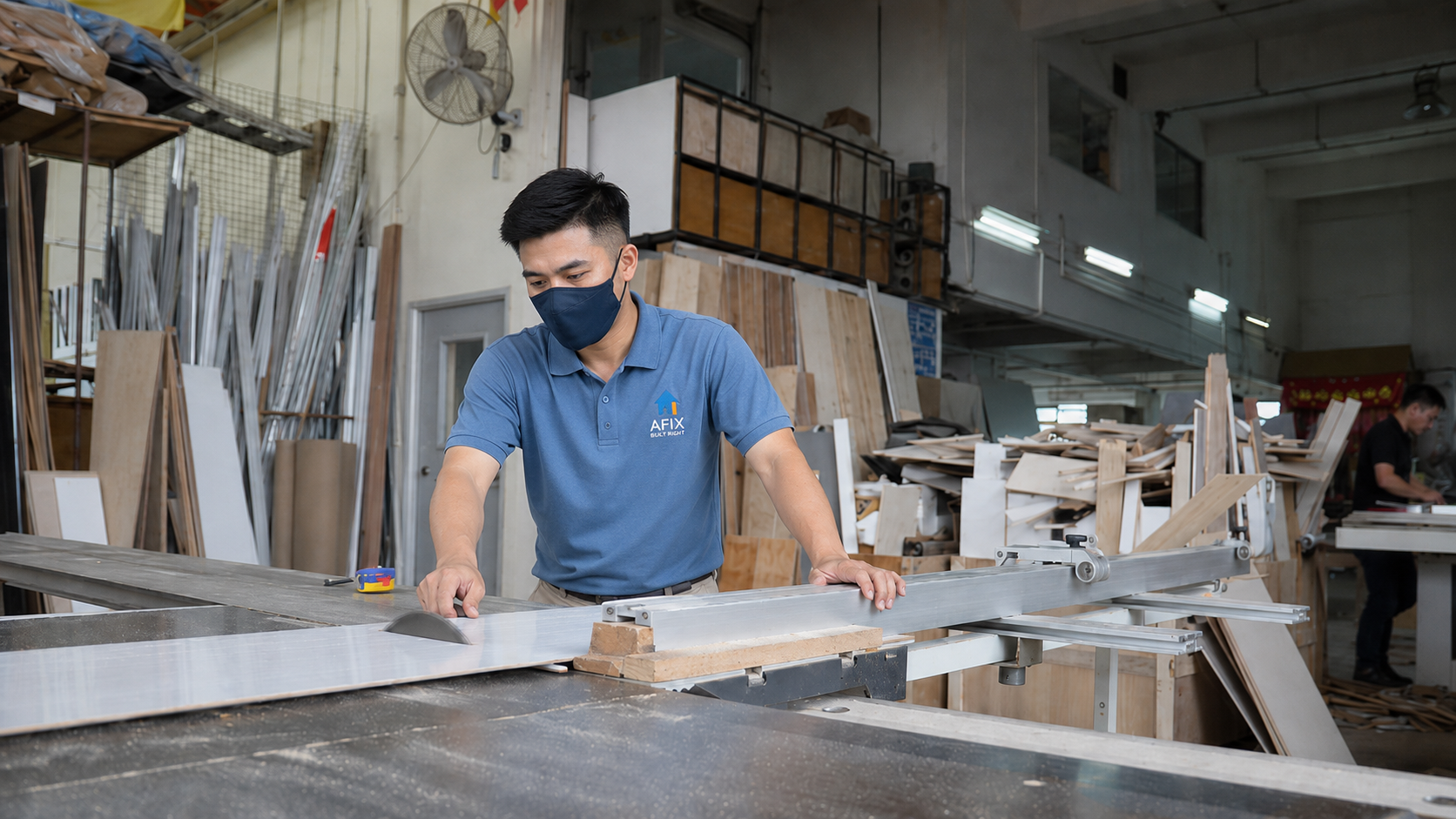 AFIX carpenter building a custom built-in wardrobe in Singapore — in-house workshop with direct fabrication
