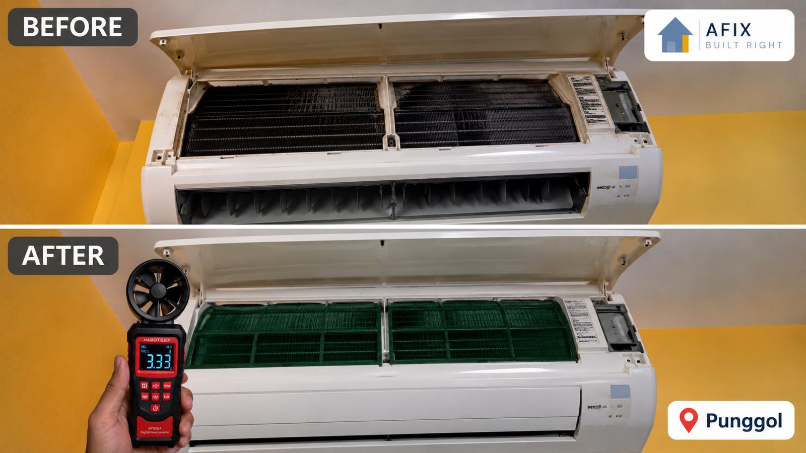 Before and after aircon servicing with airflow reading in Punggol