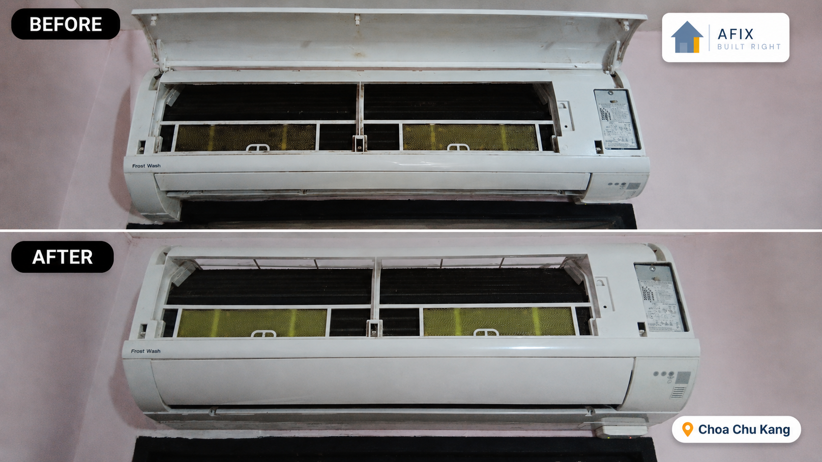 Before and after aircon filter and coil chemical wash in Choa Chu Kang