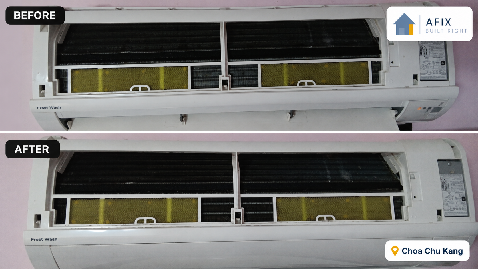 Before and after aircon filter chemical wash in Choa Chu Kang