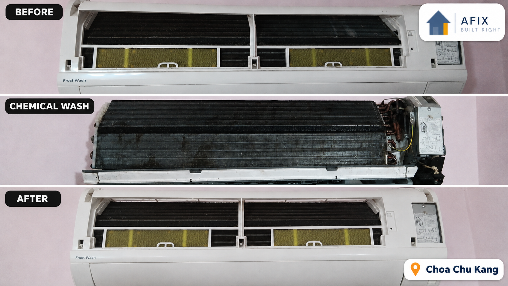 Before, during, and after aircon evaporator coil chemical wash in Choa Chu Kang