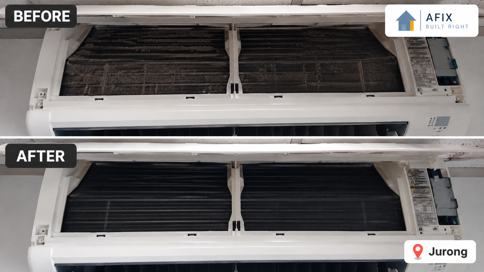 Before and after aircon evaporator coil chemical wash in Jurong