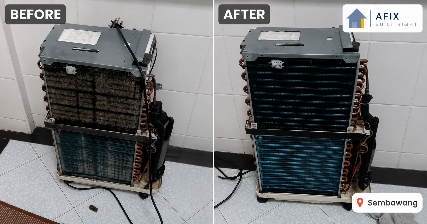 Before and after aircon compressor chemical wash in Sembawang